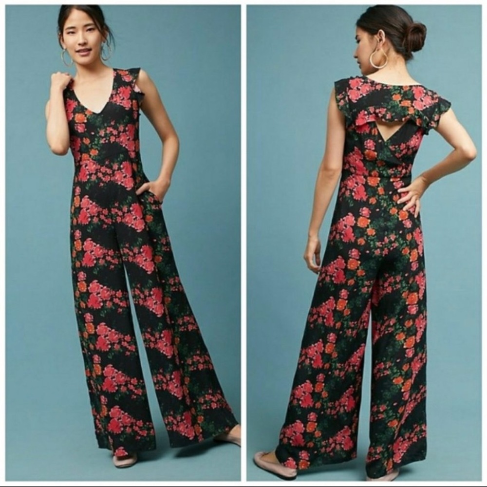 Anthropologie Black Floral Jumpsuit - M